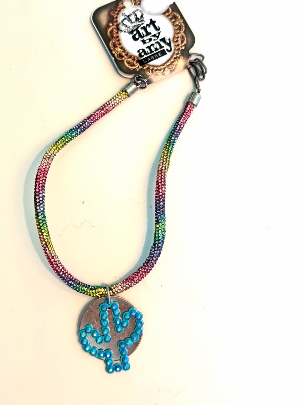 Art by Amy Rainbow Beaded Necklace with Turquoise Cactus Pendant